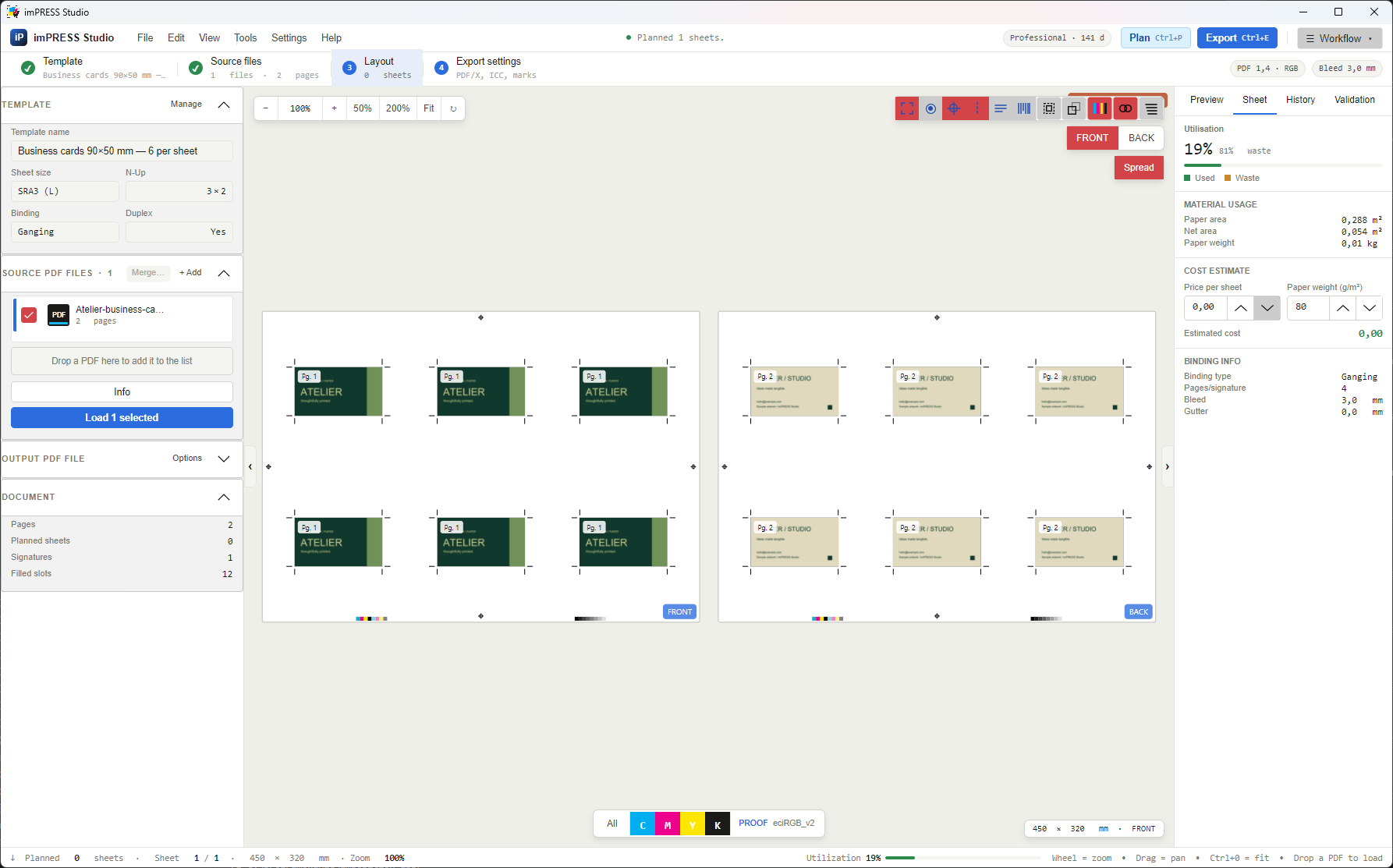 Current business card imposition preview in imPRESS Studio