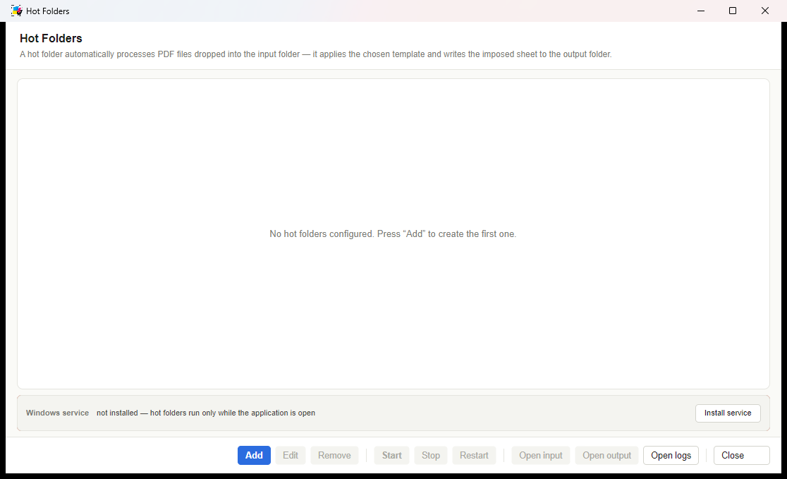 imPRESS Studio hot folder manager — list of watched directories with status and counters