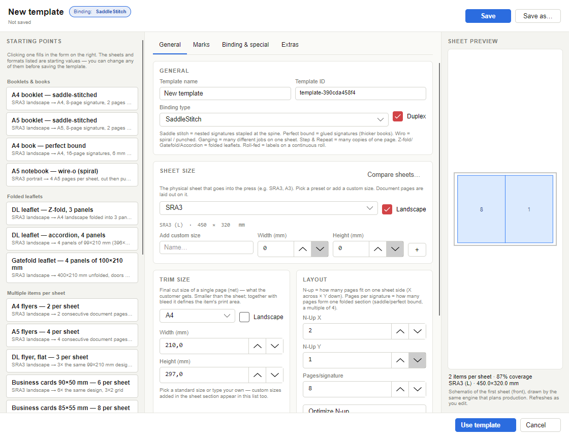 imPRESS Studio template manager — binding parameters, sizes, margins, marks