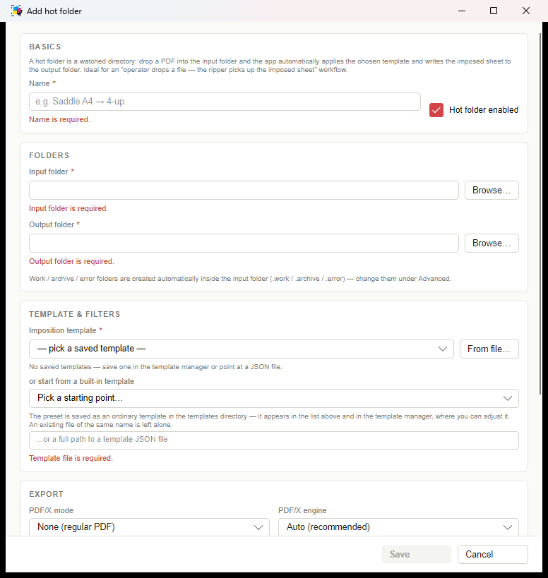 Hot folder configuration — imposition template picker, built-in starting points and export settings